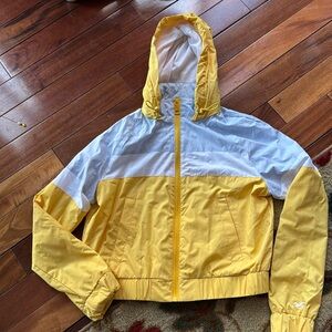 Really cute yellow, white, and light grey Hollister rain / wind zip up jacket.